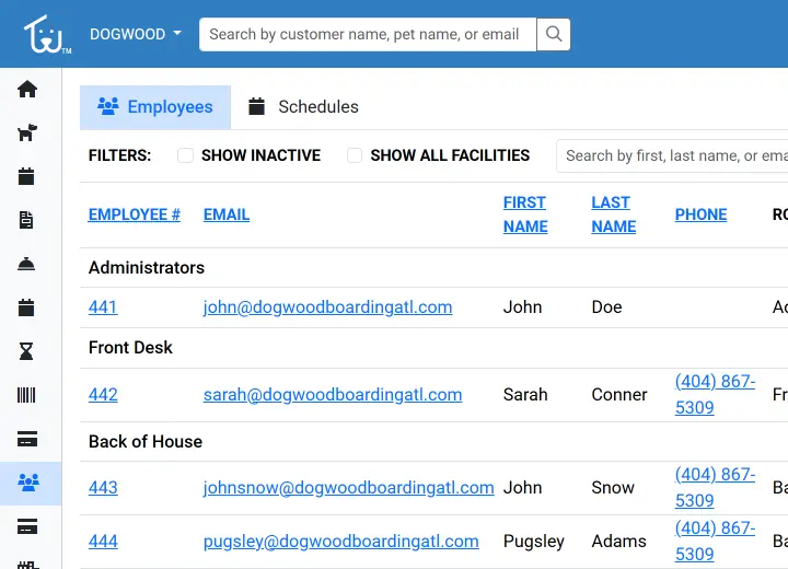 Employee management screen