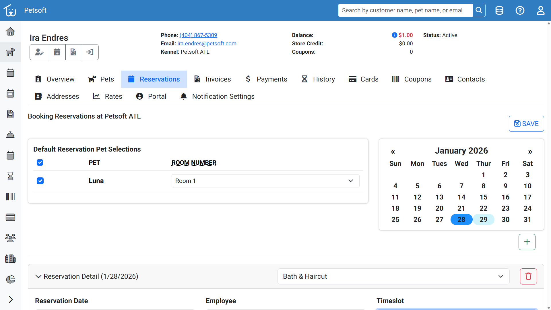 Preview of the Petsoft Employee Reservation Booking Page
