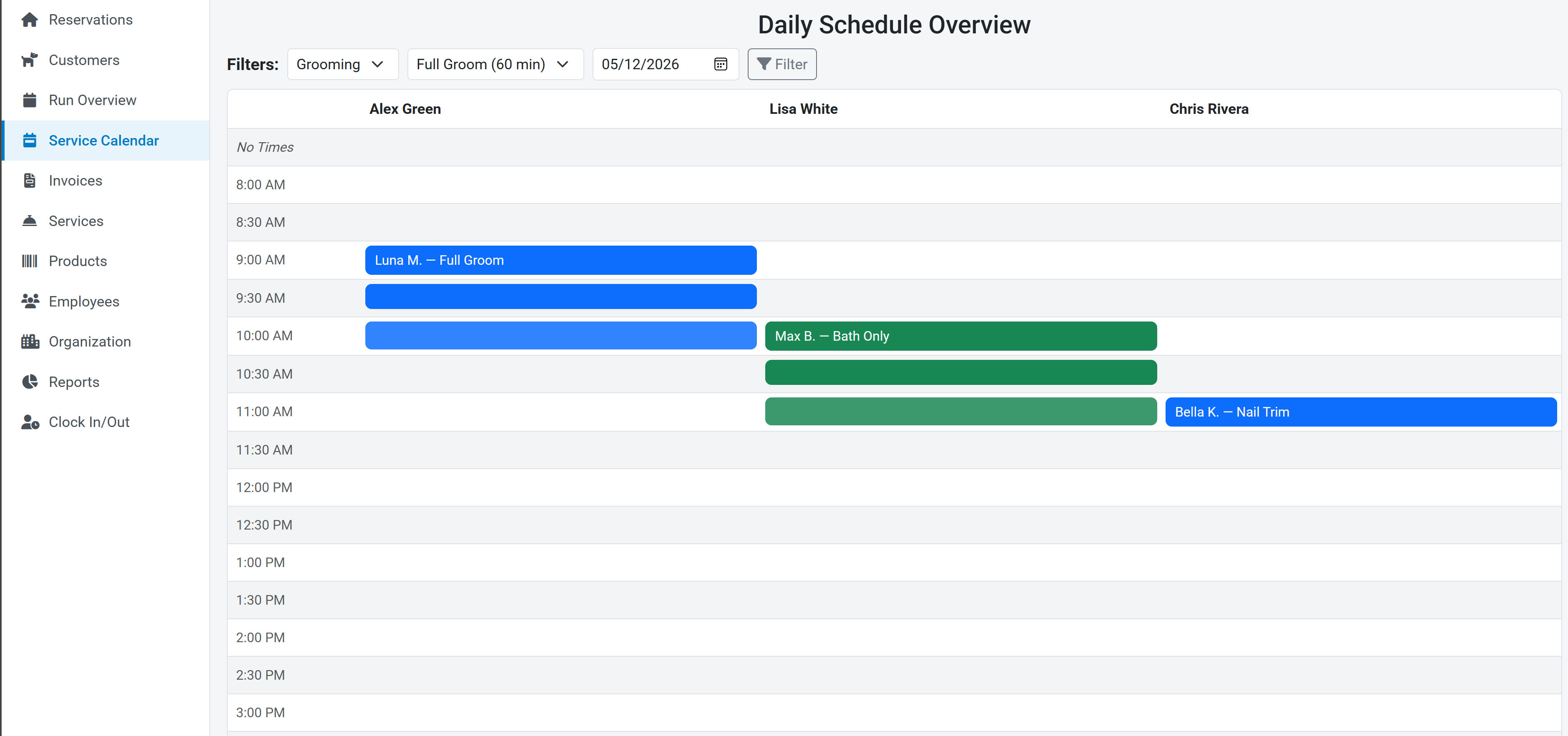 Grooming schedule calendar