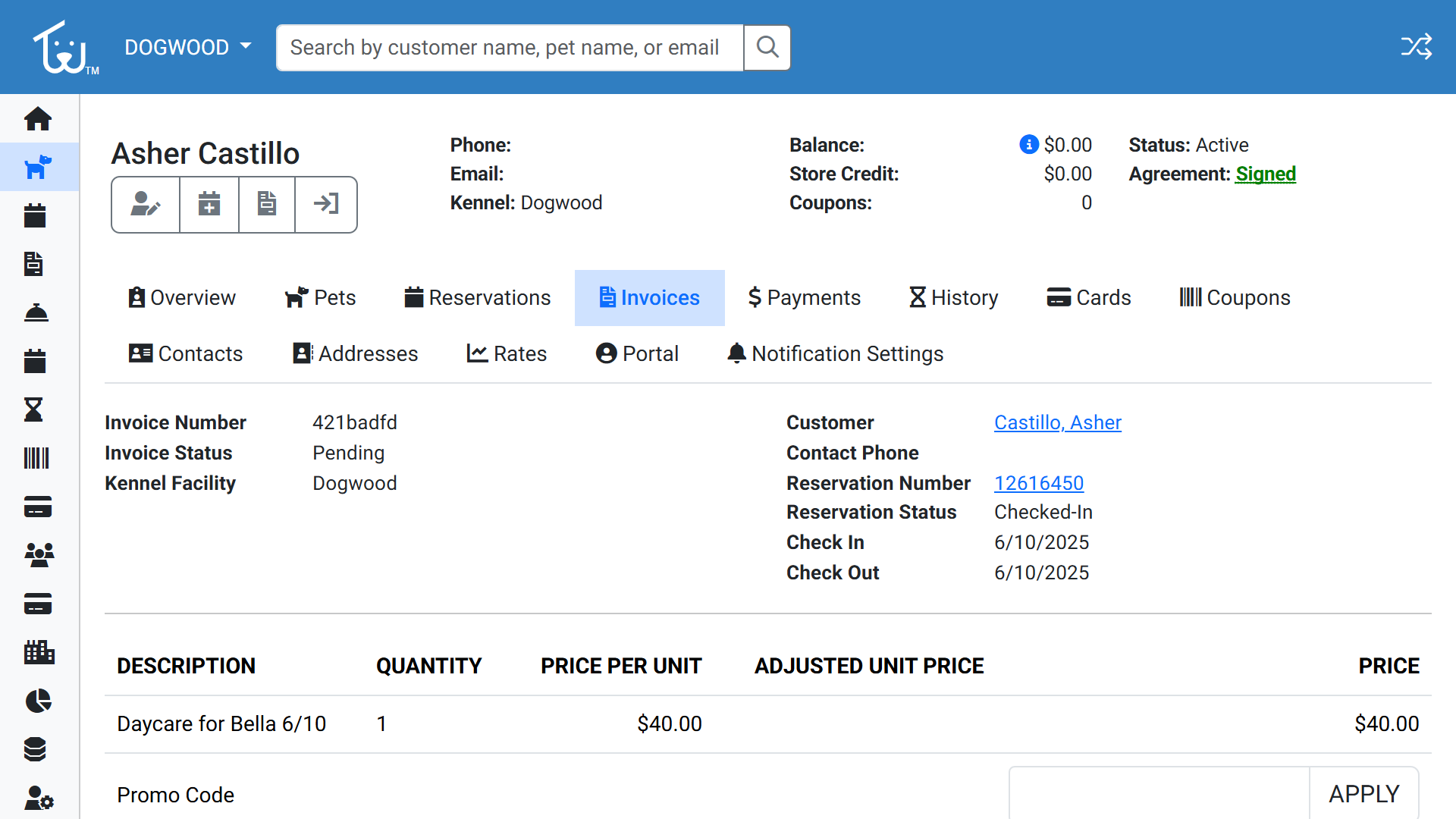 Invoice management screen