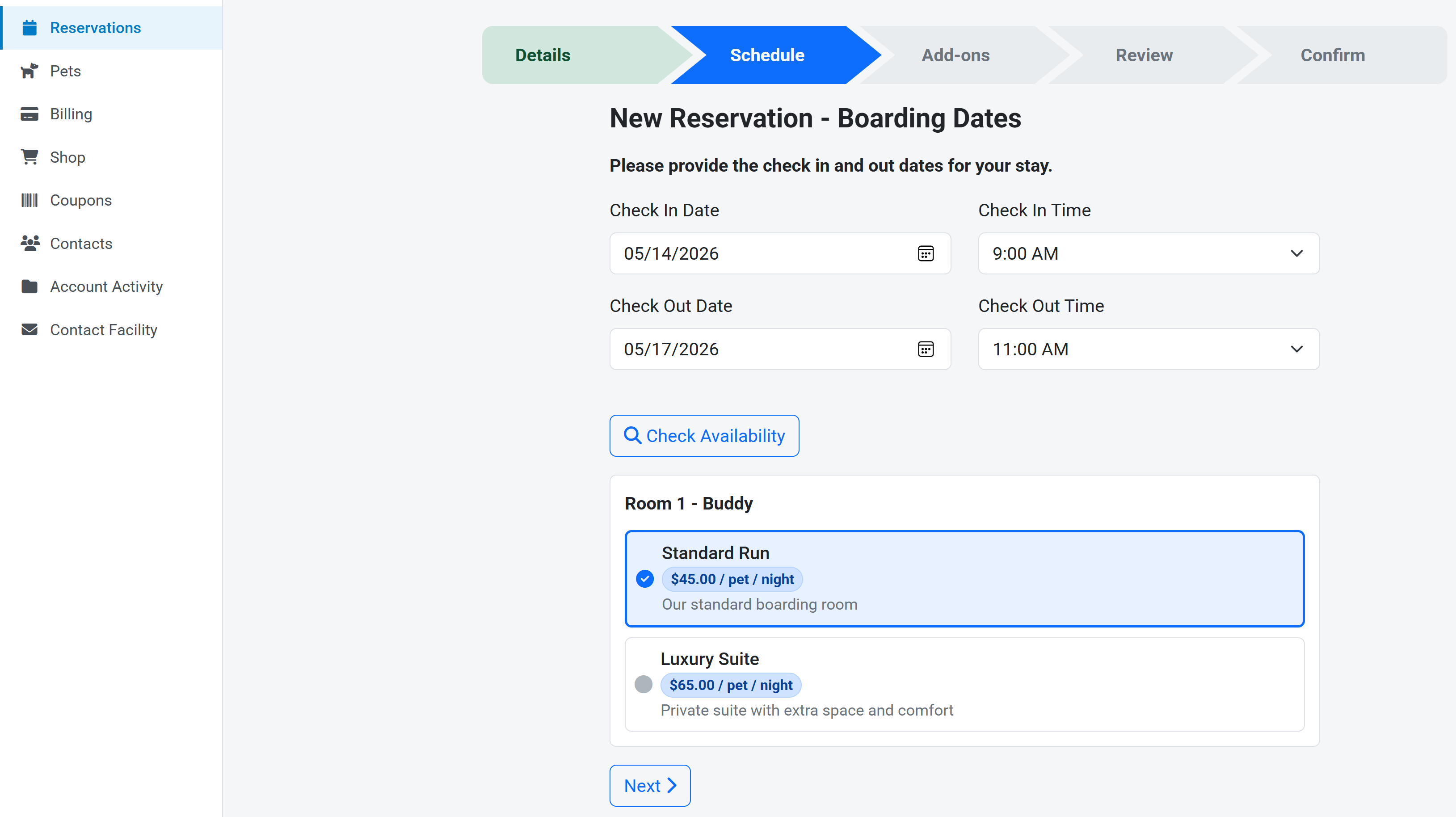 Pet parent booking screen