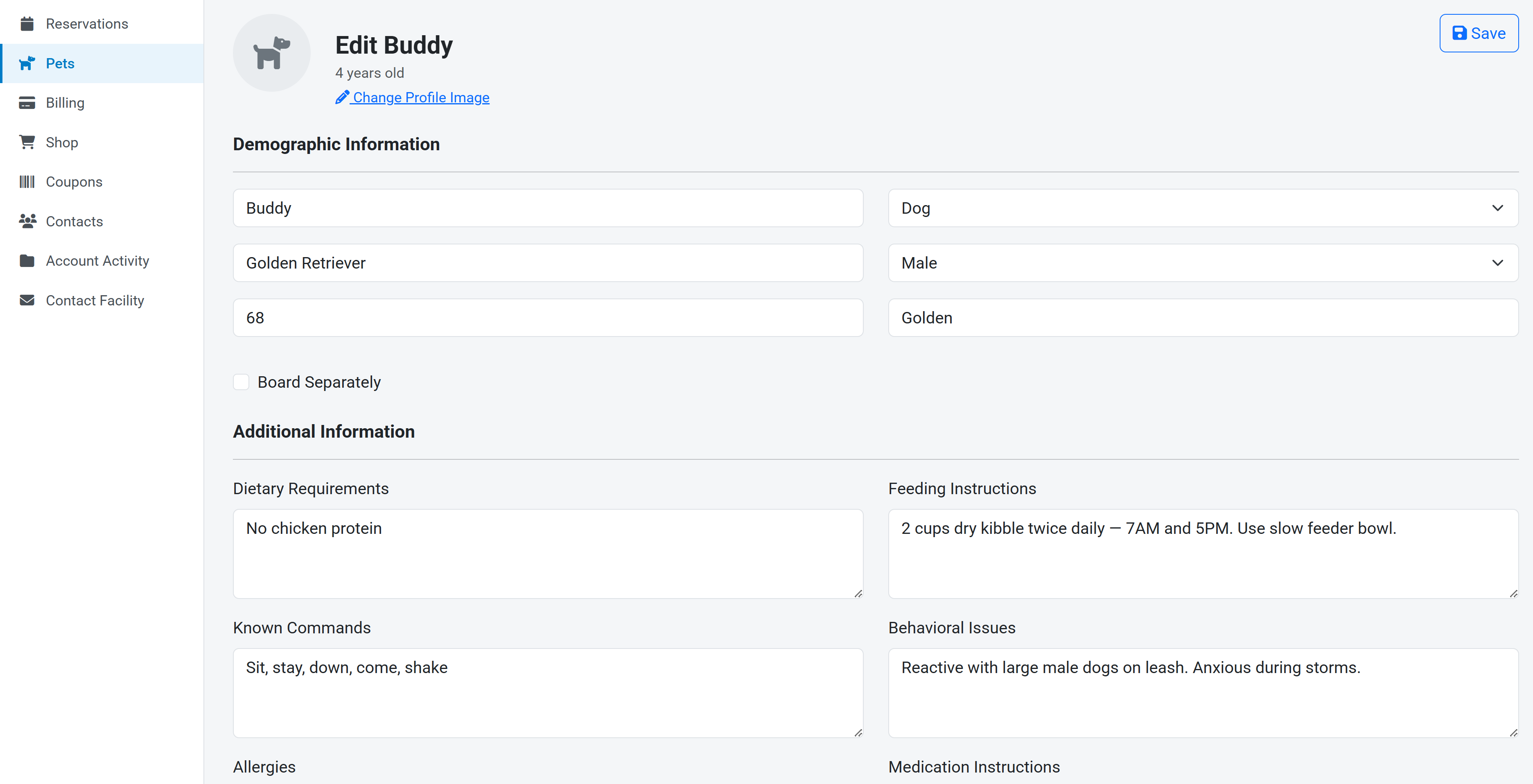 Pet profile and intake form