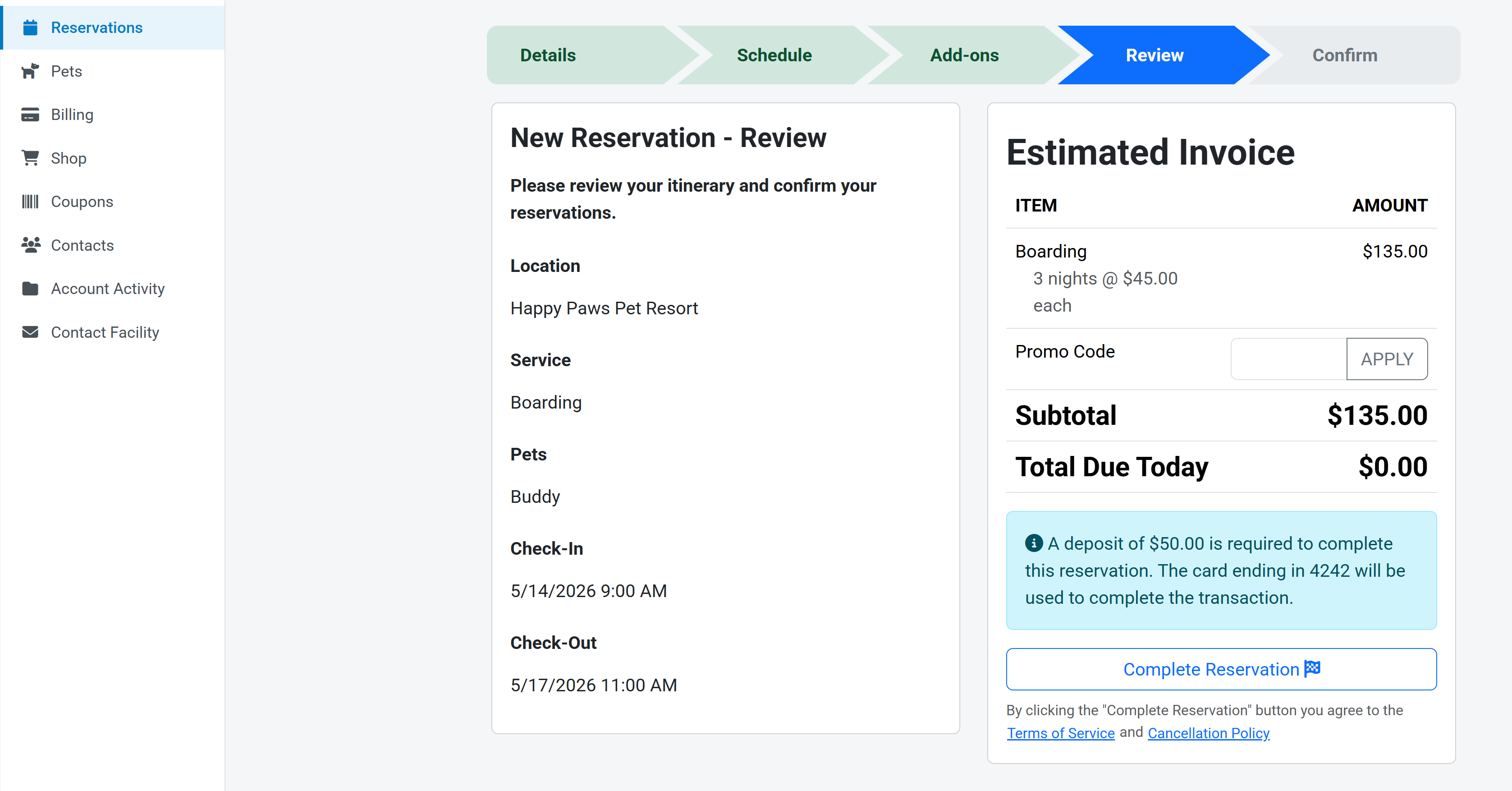 Reservation review and payment
