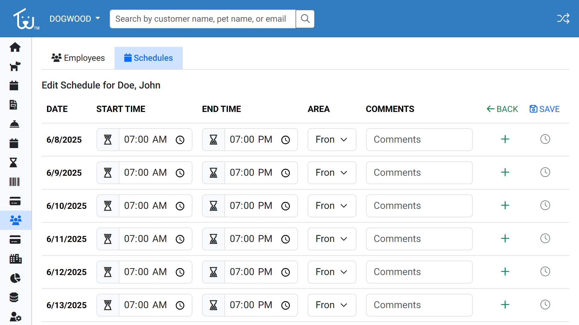 Employee time tracking screen